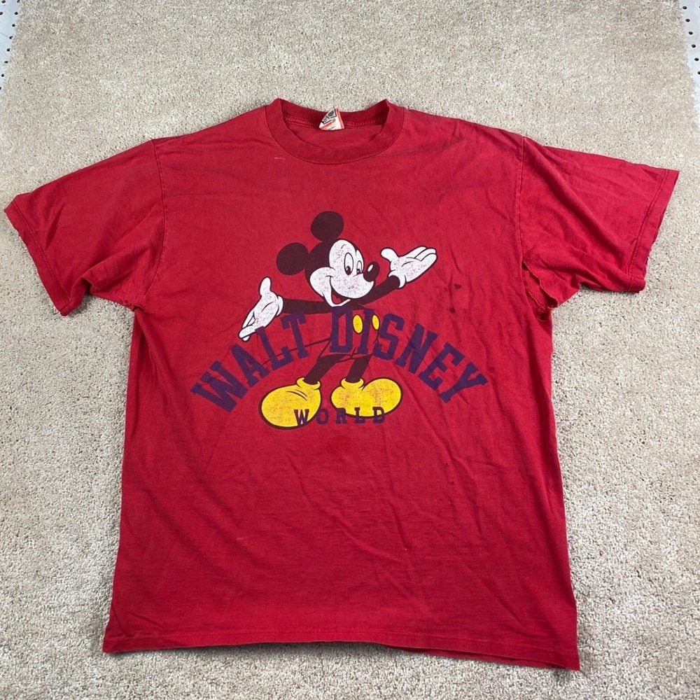 Vintage 90s Walt Disney World Mickey Mouse T-Shirt Red XL Made in USA Distressed
